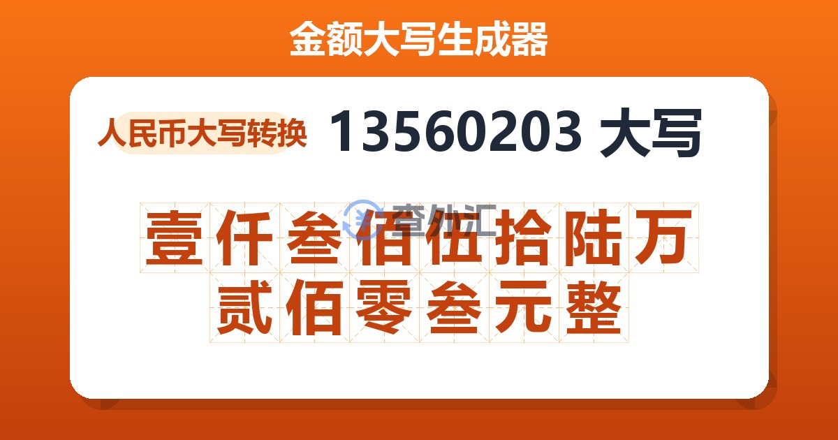 13560203大写 壹仟叁佰伍拾陆万贰佰零叁元整