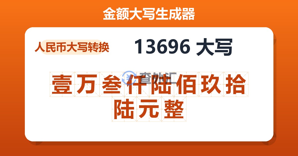 13696大写 壹万叁仟陆佰玖拾陆元整