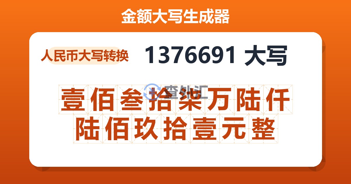 1376691大写 壹佰叁拾柒万陆仟陆佰玖拾壹元整