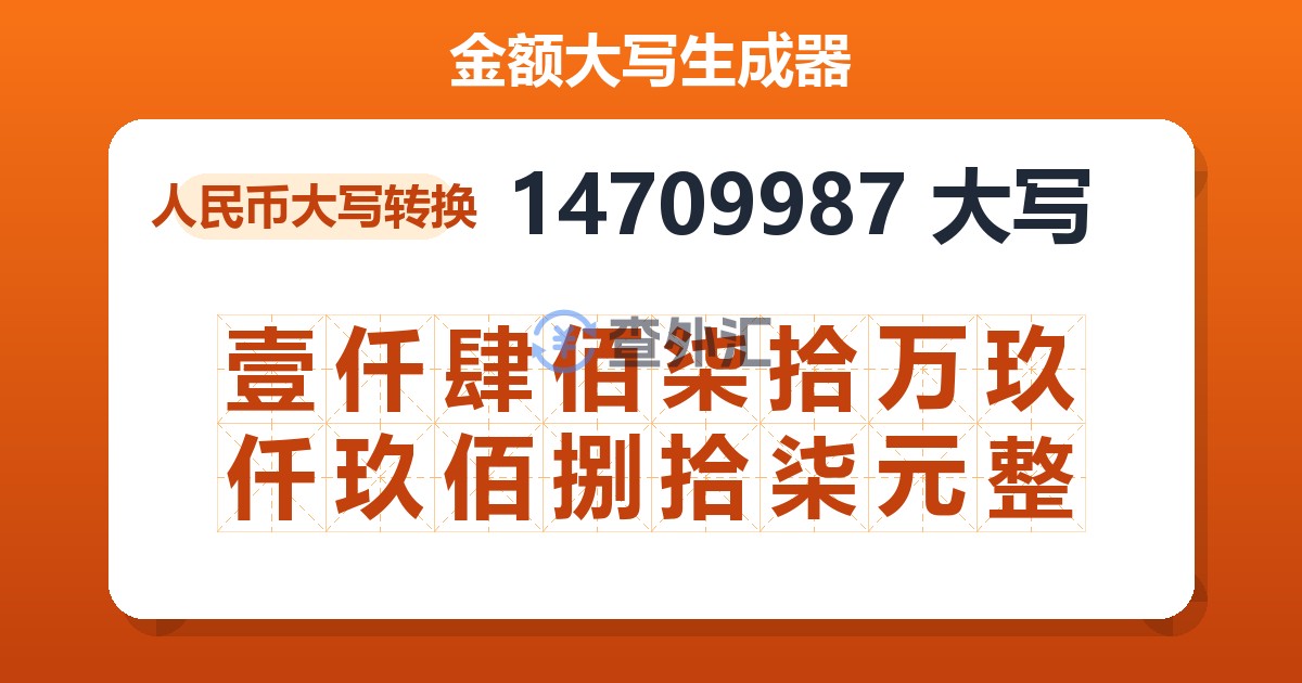 14709987大写 壹仟肆佰柒拾万玖仟玖佰捌拾柒元整