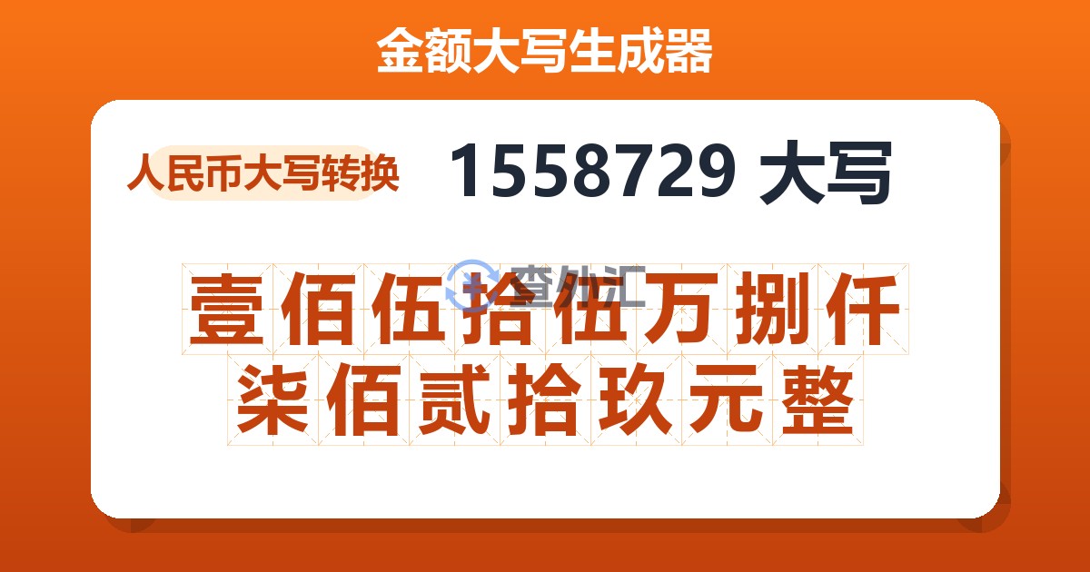 1558729大写 壹佰伍拾伍万捌仟柒佰贰拾玖元整