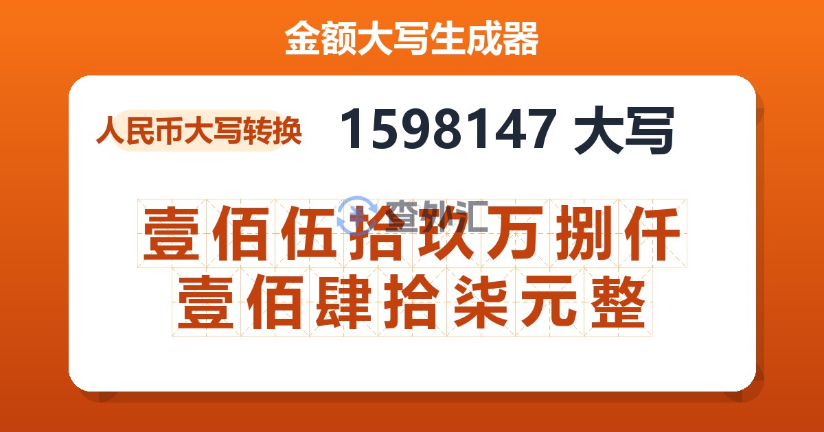 1598147大写 壹佰伍拾玖万捌仟壹佰肆拾柒元整