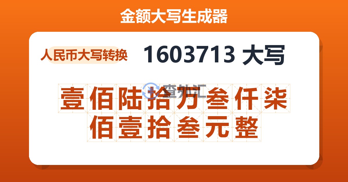 1603713大写 壹佰陆拾万叁仟柒佰壹拾叁元整