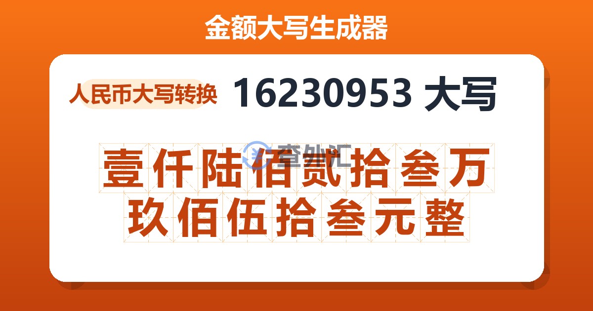 16230953大写 壹仟陆佰贰拾叁万玖佰伍拾叁元整