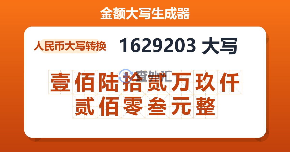 1629203大写 壹佰陆拾贰万玖仟贰佰零叁元整