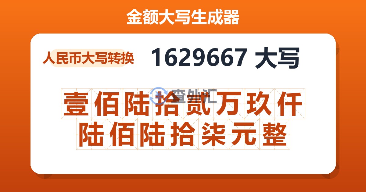 1629667大写 壹佰陆拾贰万玖仟陆佰陆拾柒元整