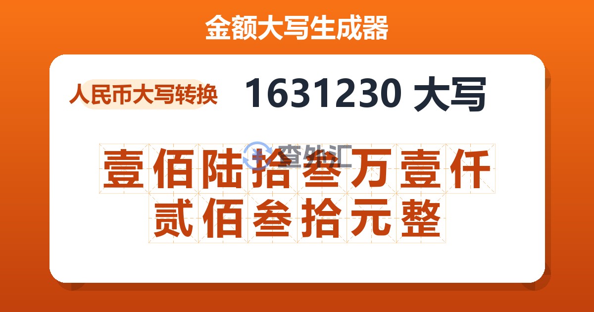 1631230大写 壹佰陆拾叁万壹仟贰佰叁拾元整