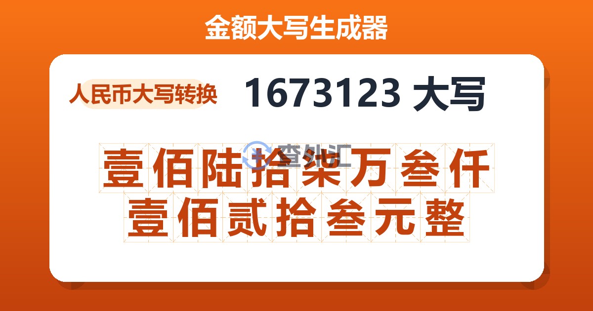 1673123大写 壹佰陆拾柒万叁仟壹佰贰拾叁元整