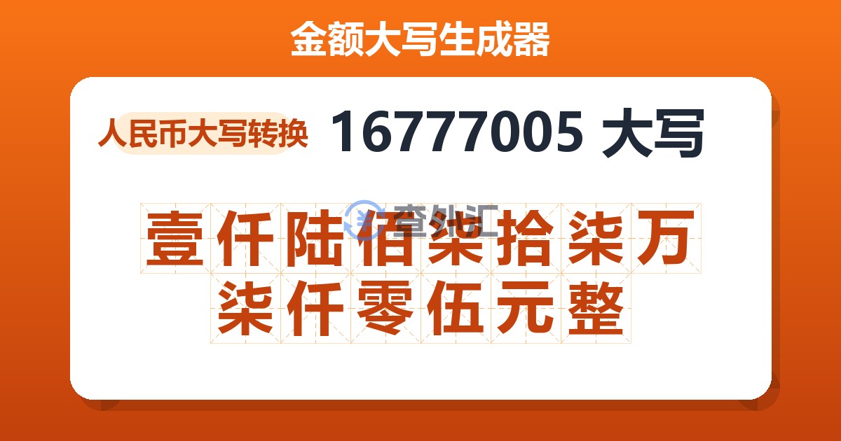 16777005大写 壹仟陆佰柒拾柒万柒仟零伍元整