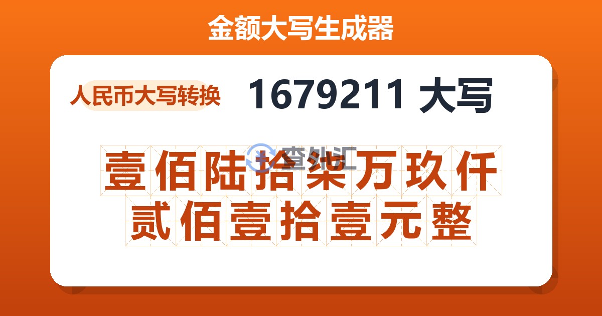 1679211大写 壹佰陆拾柒万玖仟贰佰壹拾壹元整