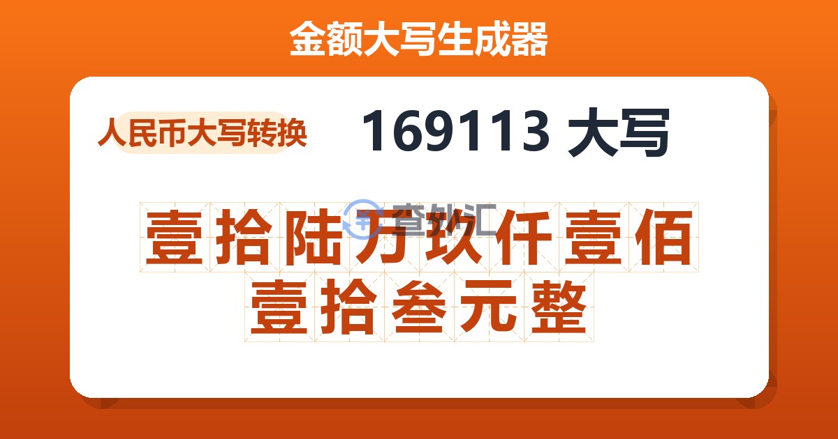 169113大写 壹拾陆万玖仟壹佰壹拾叁元整