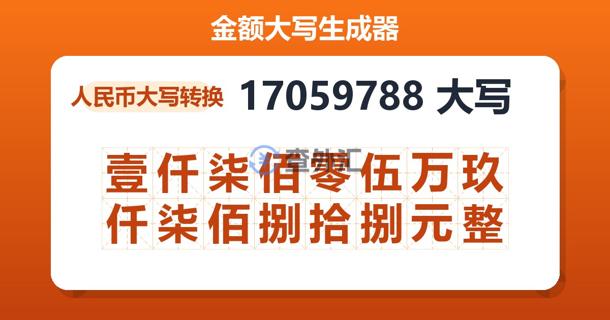 17059788大写 壹仟柒佰零伍万玖仟柒佰捌拾捌元整