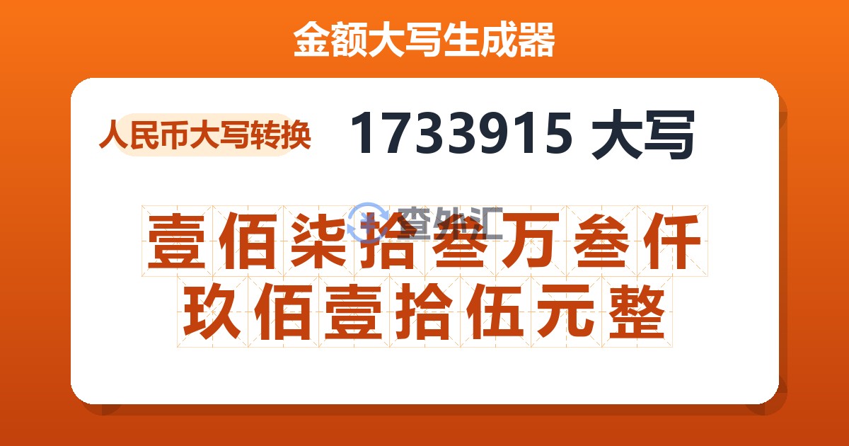 1733915大写 壹佰柒拾叁万叁仟玖佰壹拾伍元整