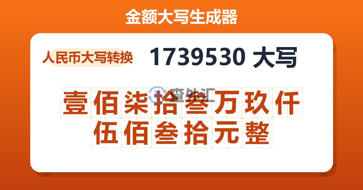 1739530大写 壹佰柒拾叁万玖仟伍佰叁拾元整