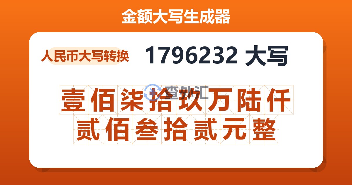 1796232大写 壹佰柒拾玖万陆仟贰佰叁拾贰元整