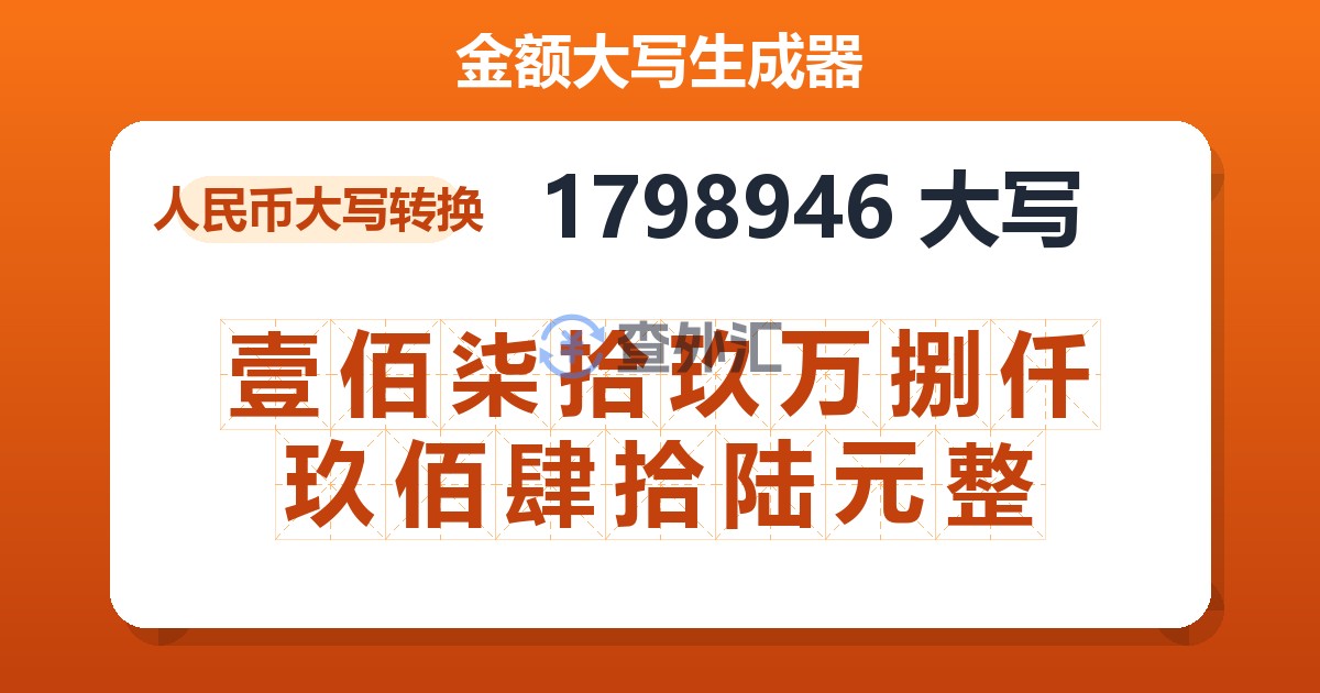 1798946大写 壹佰柒拾玖万捌仟玖佰肆拾陆元整