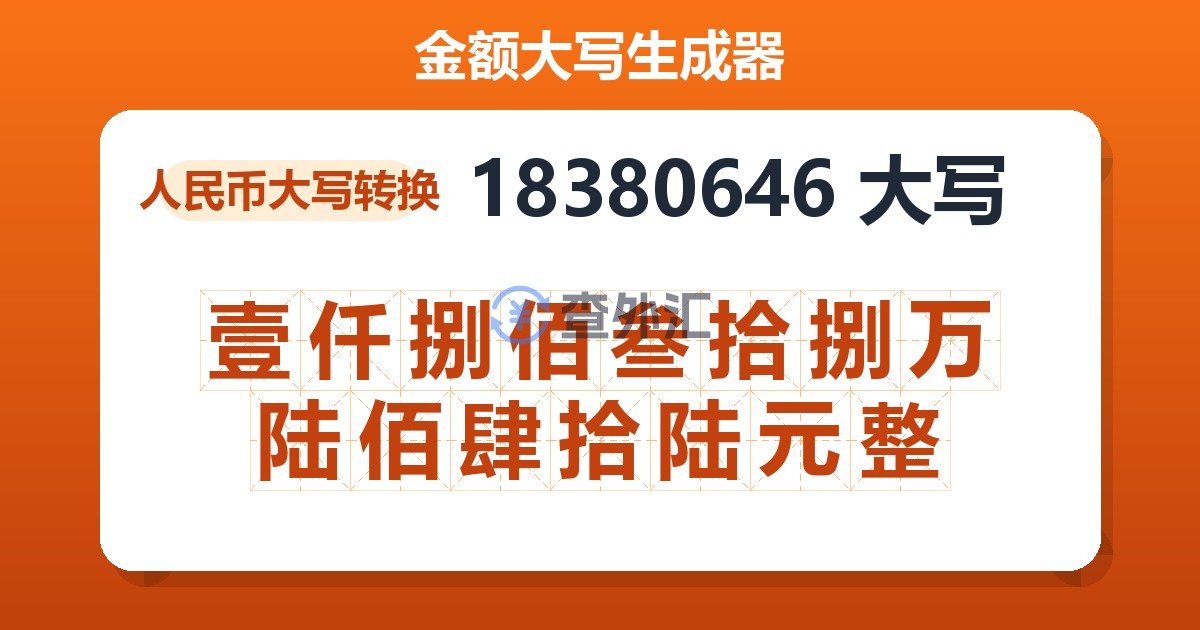 18380646大写 壹仟捌佰叁拾捌万陆佰肆拾陆元整