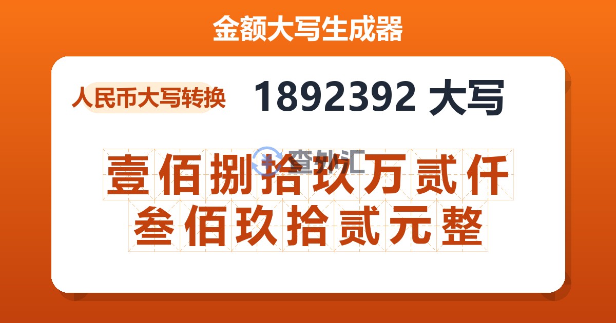 1892392大写 壹佰捌拾玖万贰仟叁佰玖拾贰元整