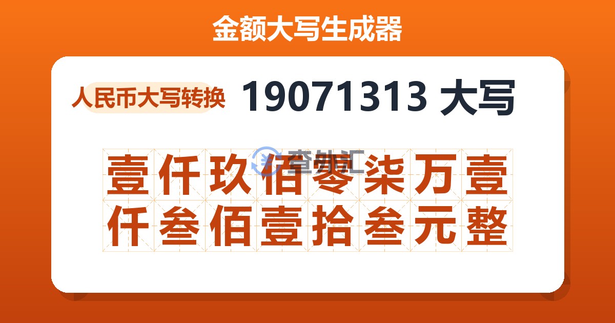 19071313大写 壹仟玖佰零柒万壹仟叁佰壹拾叁元整