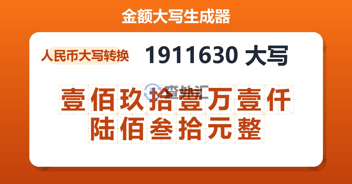 1911630大写 壹佰玖拾壹万壹仟陆佰叁拾元整