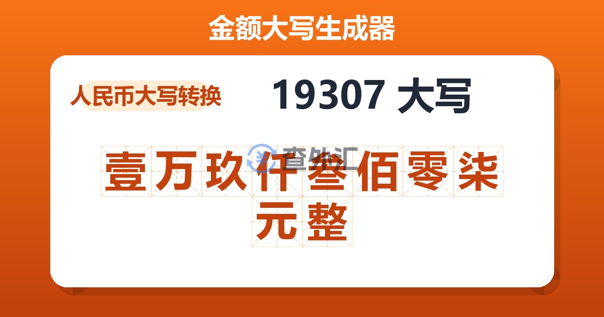 19307大写 壹万玖仟叁佰零柒元整