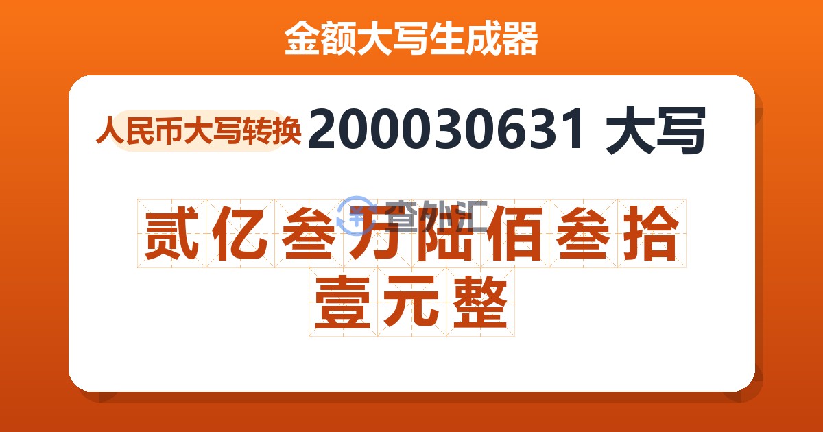 200030631大写 贰亿叁万陆佰叁拾壹元整