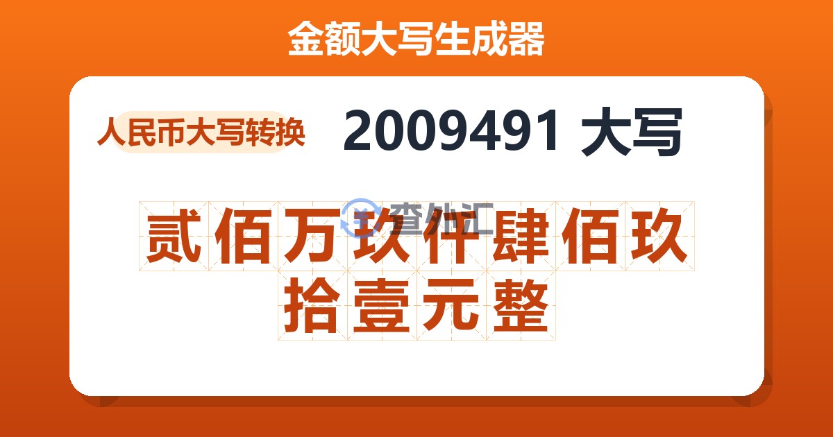 2009491大写 贰佰万玖仟肆佰玖拾壹元整