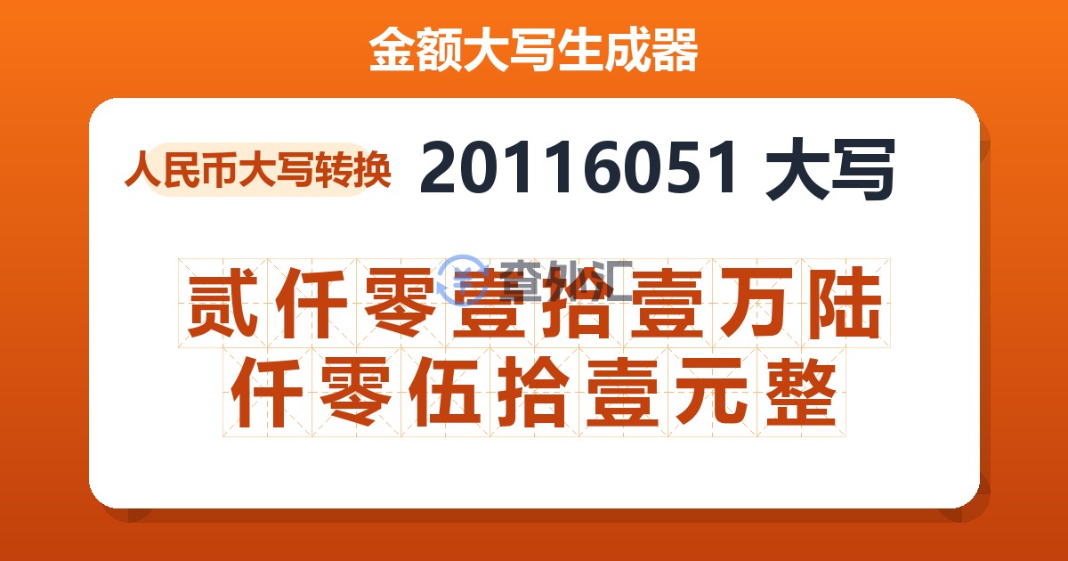 20116051大写 贰仟零壹拾壹万陆仟零伍拾壹元整