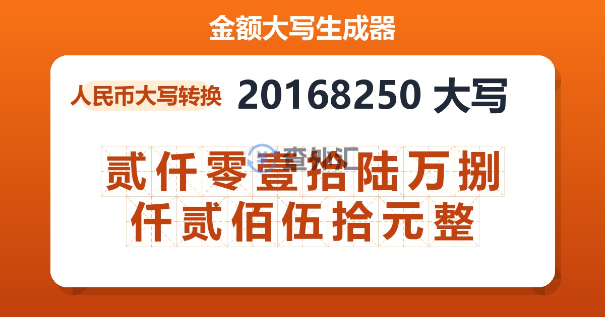 20168250大写 贰仟零壹拾陆万捌仟贰佰伍拾元整