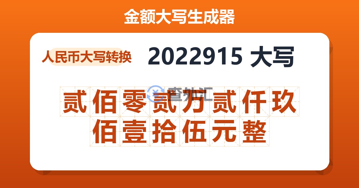 2022915大写 贰佰零贰万贰仟玖佰壹拾伍元整