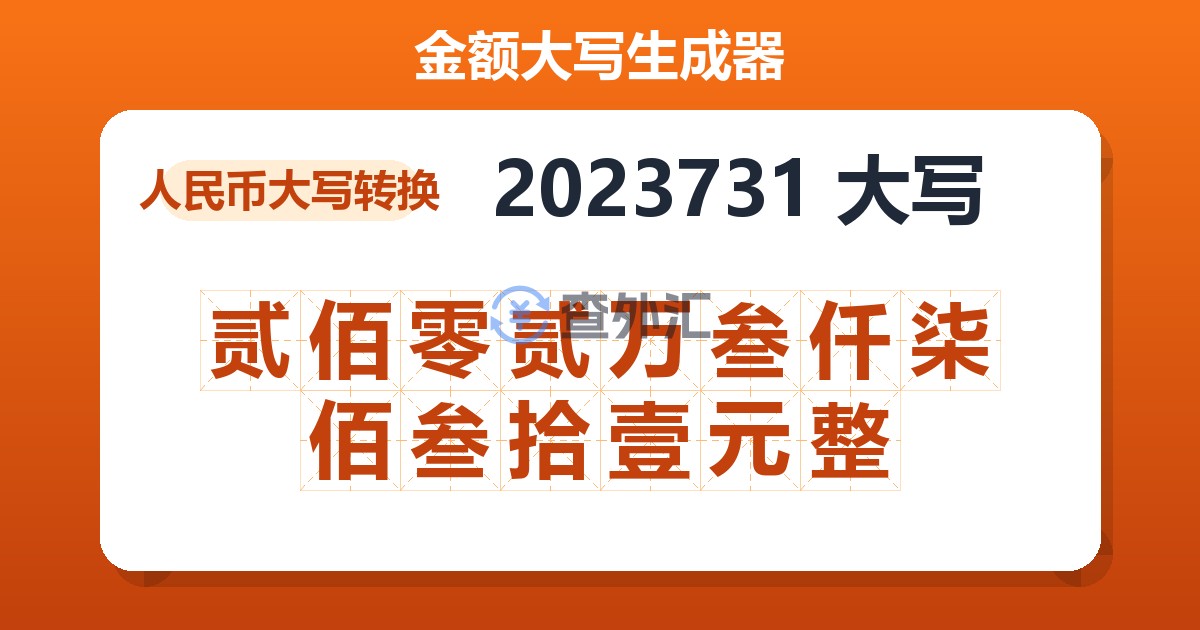 2023731大写 贰佰零贰万叁仟柒佰叁拾壹元整