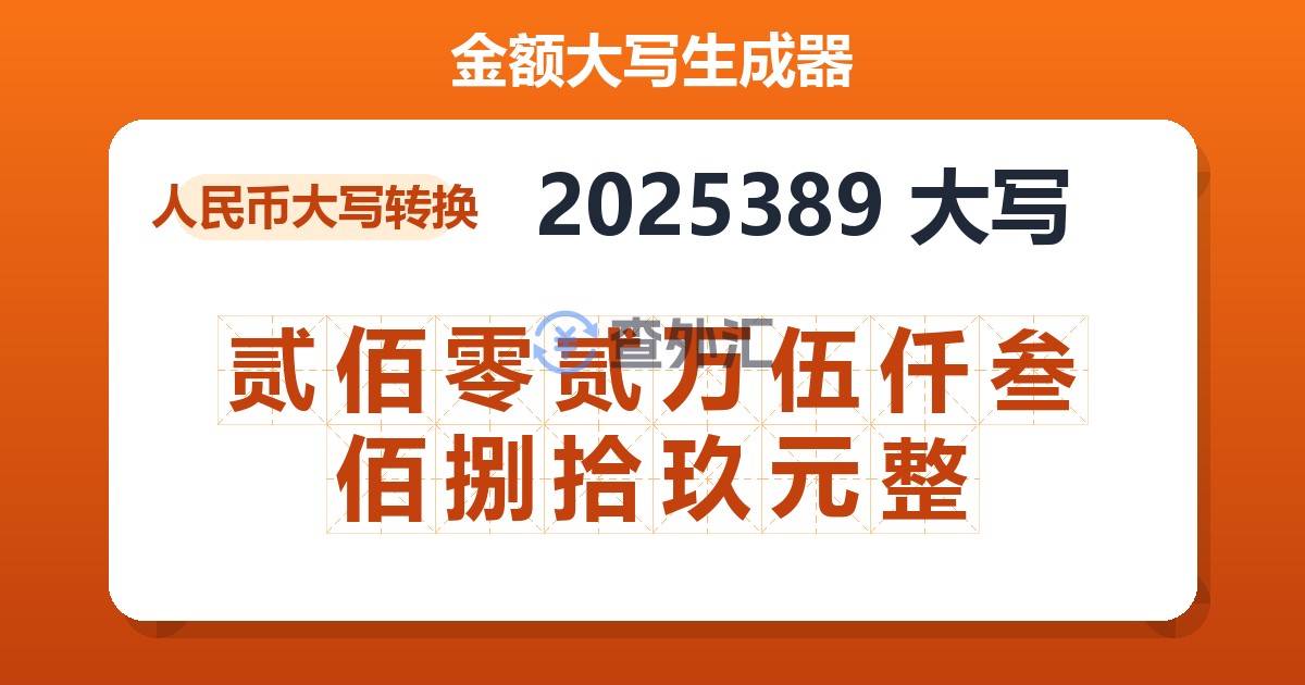 2025389大写 贰佰零贰万伍仟叁佰捌拾玖元整
