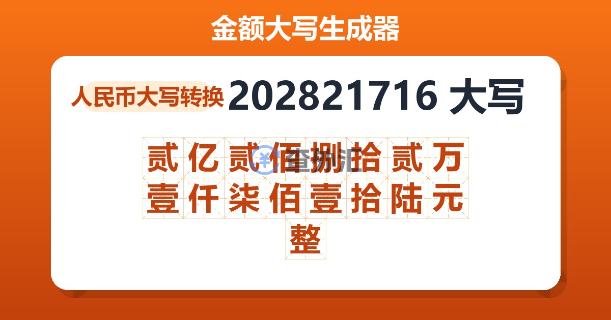 202821716大写 贰亿贰佰捌拾贰万壹仟柒佰壹拾陆元整