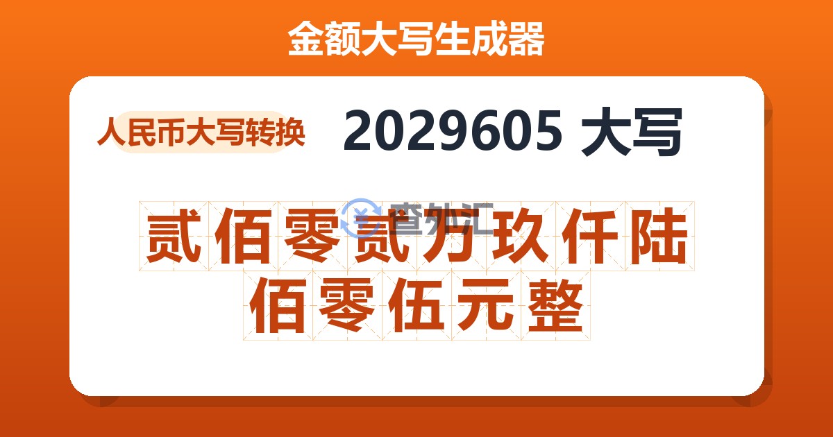 2029605大写 贰佰零贰万玖仟陆佰零伍元整