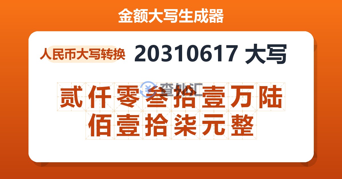 20310617大写 贰仟零叁拾壹万陆佰壹拾柒元整