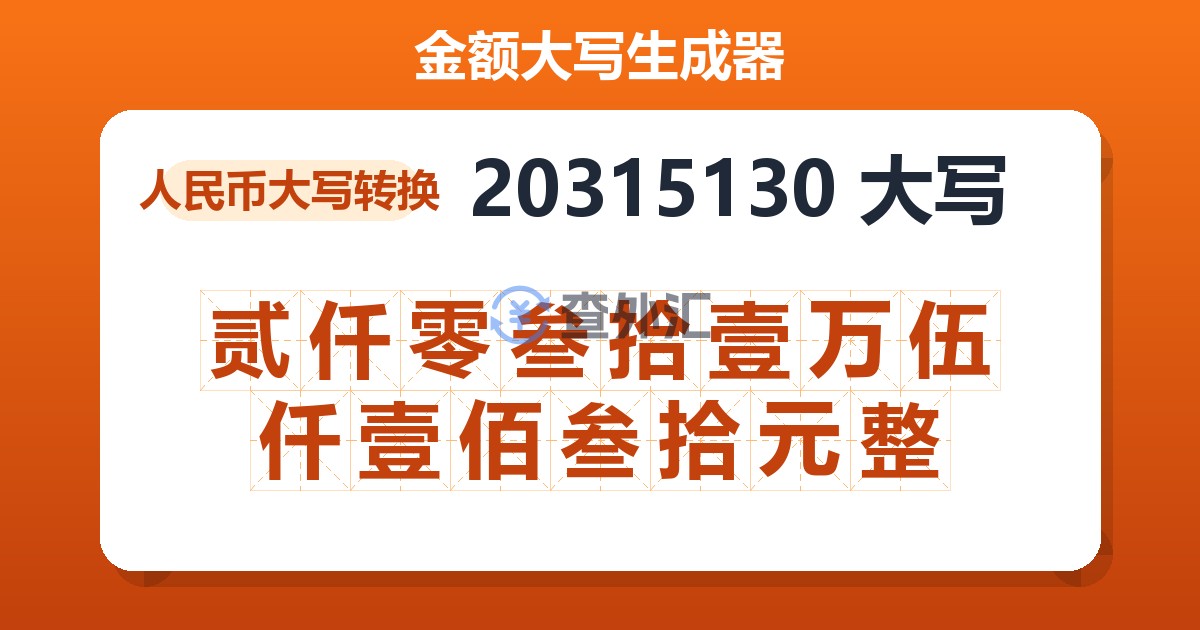 20315130大写 贰仟零叁拾壹万伍仟壹佰叁拾元整