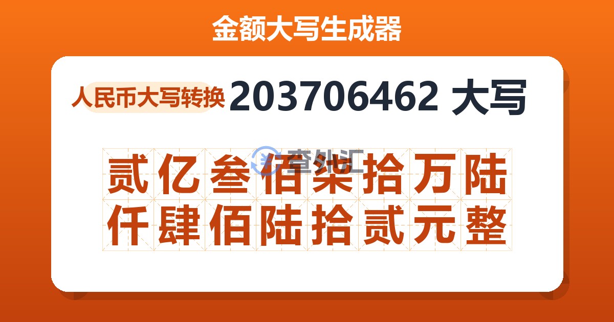 203706462大写 贰亿叁佰柒拾万陆仟肆佰陆拾贰元整