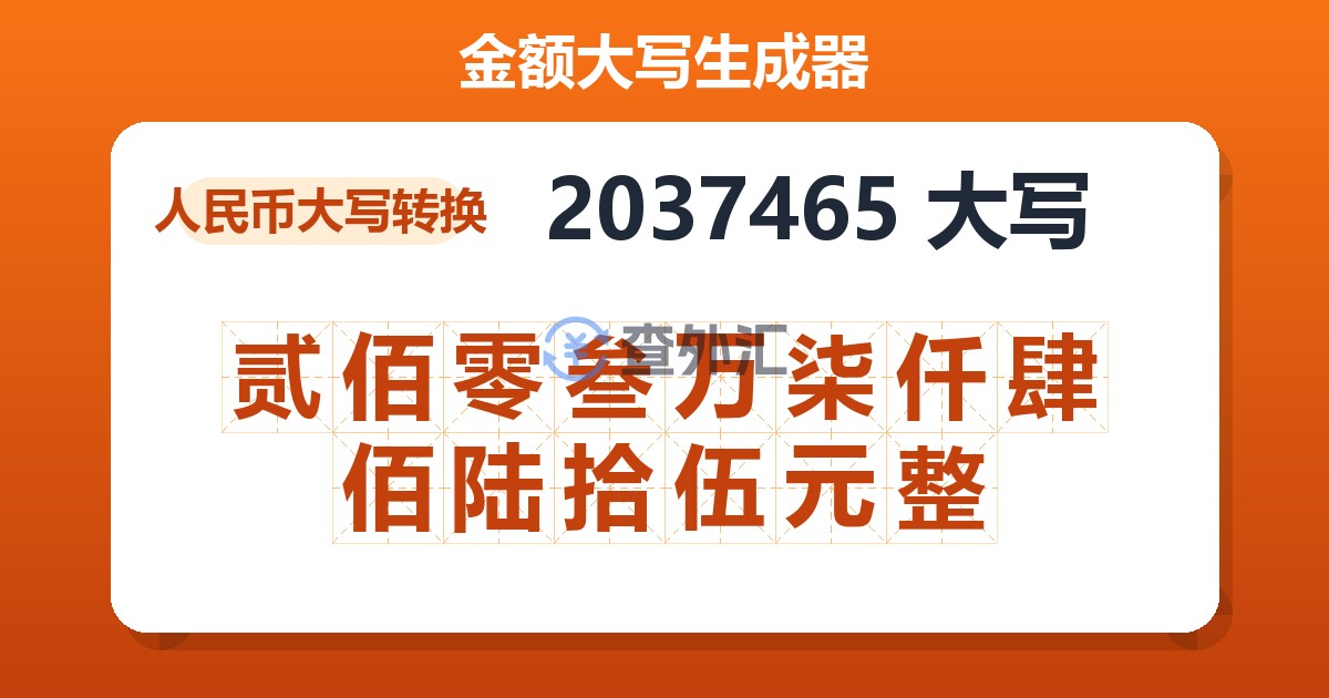 2037465大写 贰佰零叁万柒仟肆佰陆拾伍元整