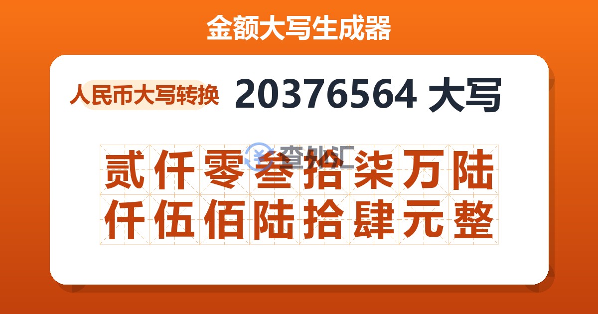 20376564大写 贰仟零叁拾柒万陆仟伍佰陆拾肆元整