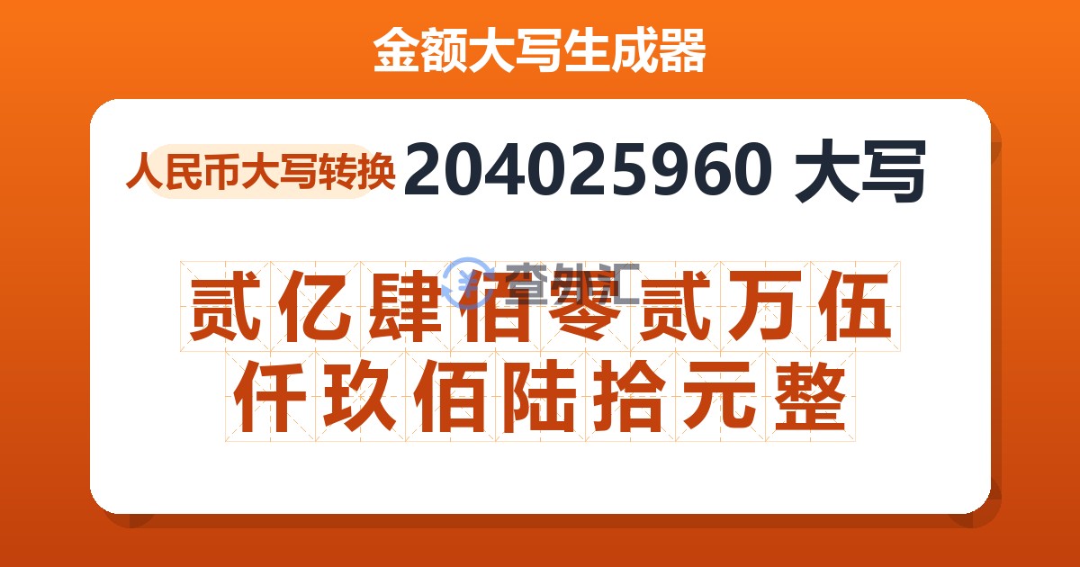 204025960大写 贰亿肆佰零贰万伍仟玖佰陆拾元整