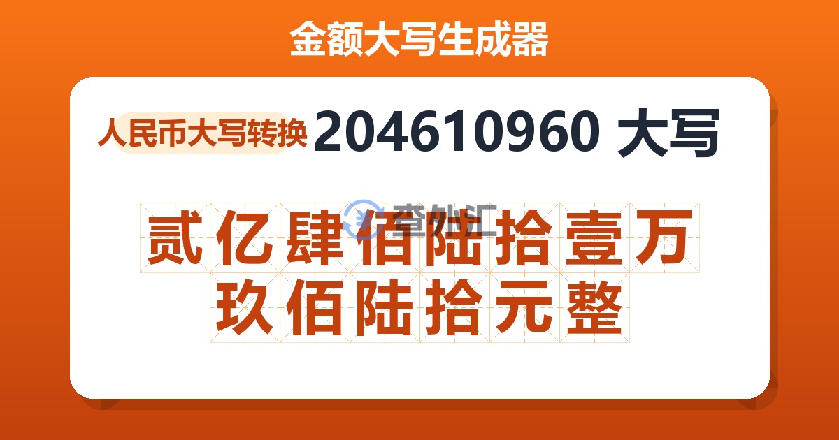 204610960大写 贰亿肆佰陆拾壹万玖佰陆拾元整