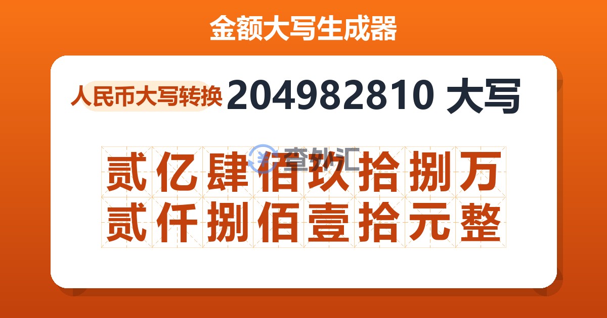 204982810大写 贰亿肆佰玖拾捌万贰仟捌佰壹拾元整