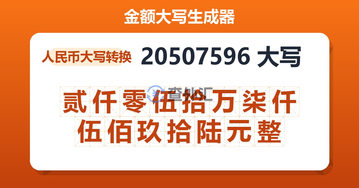 20507596大写 贰仟零伍拾万柒仟伍佰玖拾陆元整