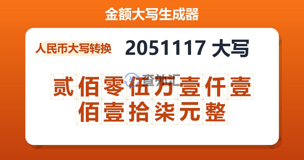 2051117大写 贰佰零伍万壹仟壹佰壹拾柒元整