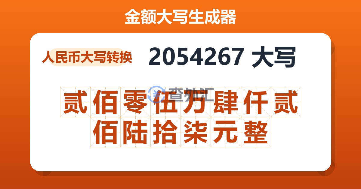 2054267大写 贰佰零伍万肆仟贰佰陆拾柒元整