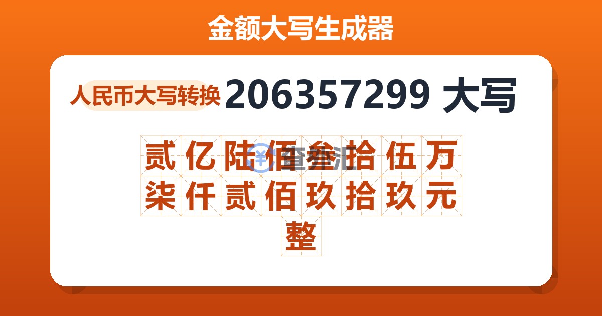 206357299大写 贰亿陆佰叁拾伍万柒仟贰佰玖拾玖元整
