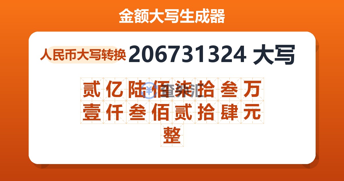 206731324大写 贰亿陆佰柒拾叁万壹仟叁佰贰拾肆元整
