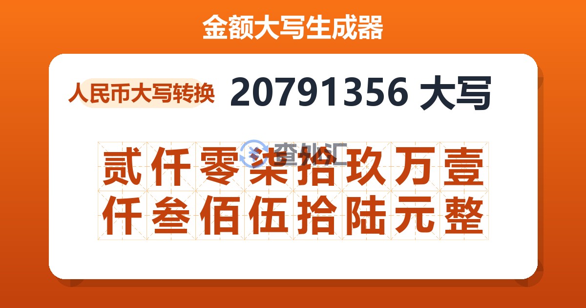 20791356大写 贰仟零柒拾玖万壹仟叁佰伍拾陆元整