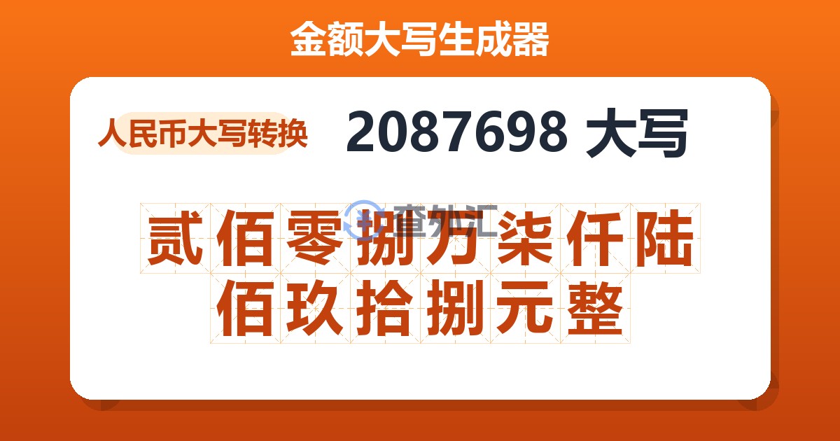 2087698大写 贰佰零捌万柒仟陆佰玖拾捌元整