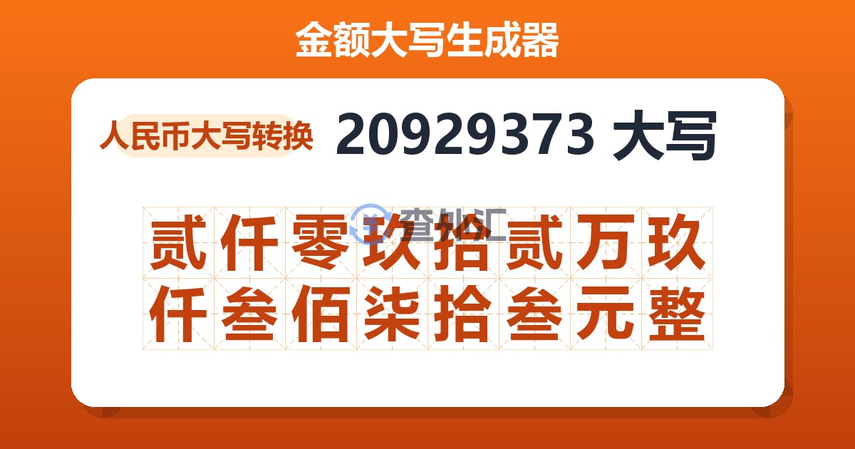 20929373大写 贰仟零玖拾贰万玖仟叁佰柒拾叁元整